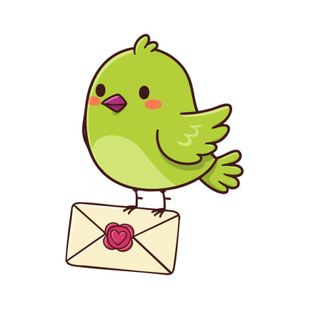 Cute green bird holds an envelope sealed with a heart, symbolizing love and message delivery in a charming style. Cheerful and sweet.のイラスト素材