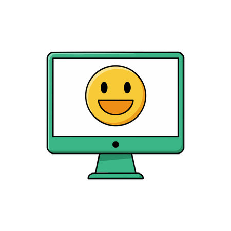 This image shows a computer monitor displaying a smiling emoji face representing positive digital...