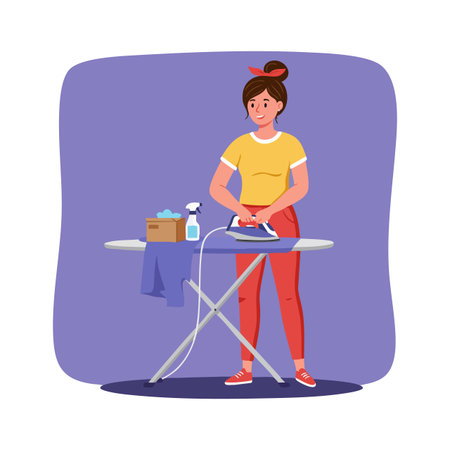 Illustration shows a woman ironing clothes on an ironing board with a spray bottle and folded fabric, set on a purple background, calm mood.のイラスト素材