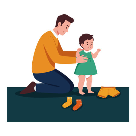 Father kneels on floor supporting toddler daughter in green dress as she learns to walk near orange clothes, creating a warm family moment. Cheerful mood.のイラスト素材