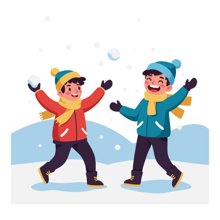 Two children wearing scarves and hats playing snowballs outdoors in winter, smiling and enjoying the cold, joyful and playful scene.のイラスト素材