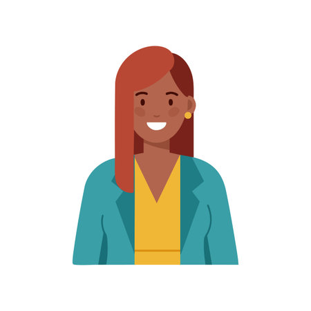 Illustration shows a smiling businesswoman with red hair dressed in teal jacket and yellow blouse, presenting a confident and friendly mood.のイラスト素材
