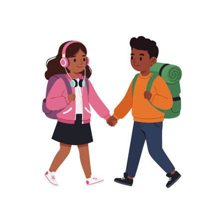 Two children walking in hand carrying backpacks, wearing casual clothes and headphones, enjoying a friendly hiking moment. Cheerful mood.のイラスト素材