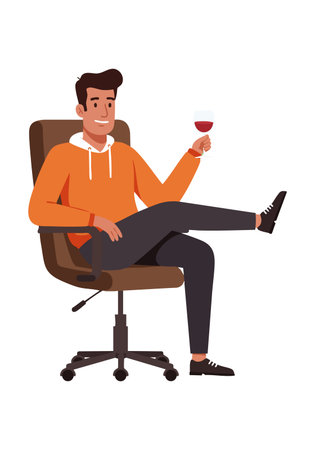 Illustration of a man sitting comfortably in an office chair holding a glass of red wine, portraying relaxation and casual leisure mood.のイラスト素材