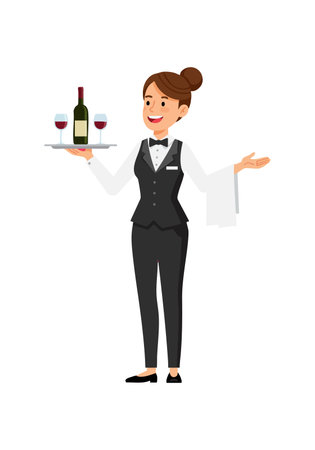 Female waiter in black tuxedo serves wine bottle and glasses on tray with white cloth, smiling and welcoming, professional and friendly mood.のイラスト素材