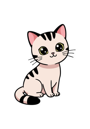 Illustration shows a cute sitting kitten with big eyes and striped fur in a simple style, creating a playful and charming mood.のイラスト素材