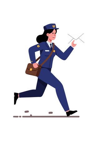 Illustration shows a female postal worker running while delivering mail wearing a blue uniform and carrying a brown bag. Energetic and dynamic mood.のイラスト素材