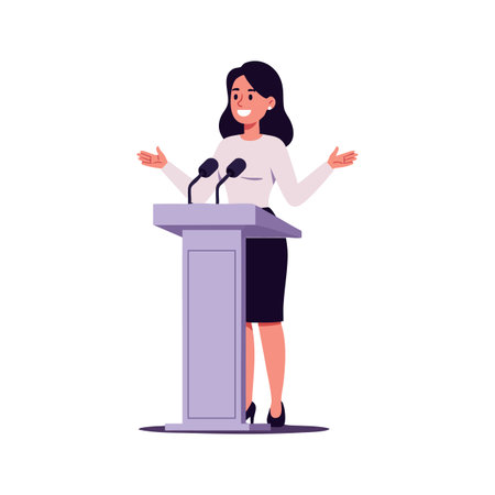 A woman is delivering a speech standing behind a podium with two microphones, engaging her audience confidently and professionally.のイラスト素材