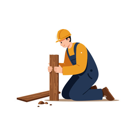 A construction worker kneels while holding a wooden plank, wearing blue overalls and a yellow helmet in a clean vector style. Calm mood.のイラスト素材