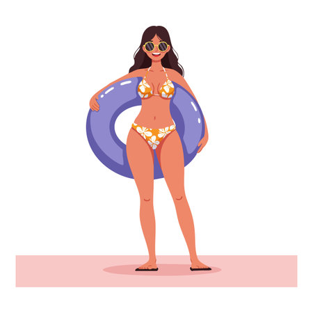 Illustration shows woman in yellow floral bikini holding purple swim ring standing on beach in summer. Bright and relaxed mood.のイラスト素材