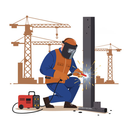 Welder in protective helmet and clothing welds a steel beam with sparks flying, set against construction cranes, in a focused atmosphere.のイラスト素材