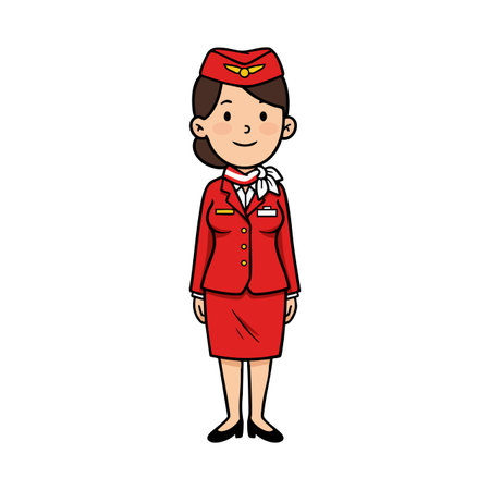 Illustration of a female flight attendant in red uniform standing and smiling, conveying professionalism and friendliness in a clean style. Cheerful.のイラスト素材