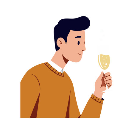 Illustration shows man in brown sweater holding a champagne glass, enjoying a quiet celebratory moment with a calm and joyful mood.のイラスト素材