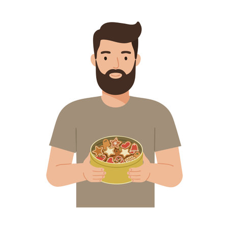 Illustration shows a man with beard holding a bowl filled with various decorated cookies in a calm setting. Friendly mood.のイラスト素材