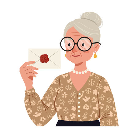 Illustration of an elderly woman in a floral blouse holding an envelope with a wax seal, depicting a gentle and thoughtful mood.のイラスト素材