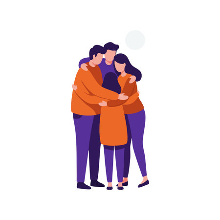 Illustration shows three people embracing each other, expressing care and unity in a simple flat style, creating a warm mood.のイラスト素材
