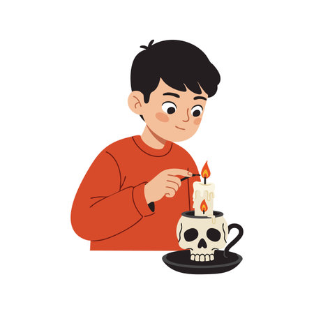 Boy wearing orange sweater lights a white skull-shaped candle in a black cup, creating a spooky atmosphere with warm tones. Calm mood.のイラスト素材