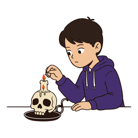 A boy in a purple hoodie lights a candle on a skull, creating a spooky Halloween atmosphere with warm candlelight, thoughtful and eerie mood.のイラスト素材