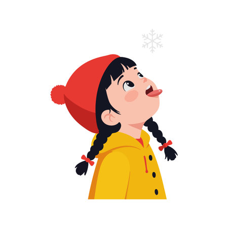 Girl in red hat and yellow coat catches a snowflake on her tongue in a winter setting. Cheerful and playful mood.のイラスト素材