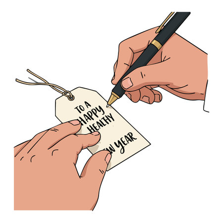 Illustration shows two hands writing a happy healthy new year message on a tag with a pen in a clean style, calm mood.のイラスト素材