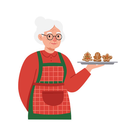 Elderly woman in red and green apron holds a tray with festive Christmas cookies, presenting warmth and holiday spirit. Cheerful mood.のイラスト素材