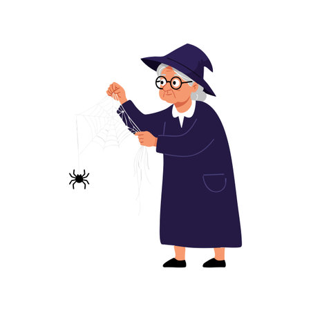 Elderly witch wearing dark purple robe and hat carefully holds a spider web with a black spider in a bright, clean style. Calm mood.のイラスト素材
