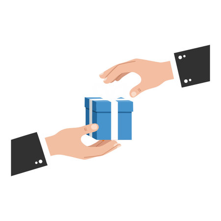 Two hands in black business sleeves exchange a blue gift box, symbolizing giving or sharing in a clean vector style. Calm mood.のイラスト素材