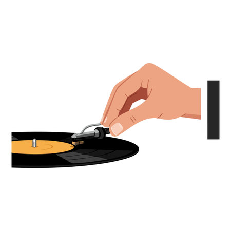 Vector illustration shows hand placing a needle on a black vinyl record with an orange label, capturing a retro music moment, calm mood.のイラスト素材