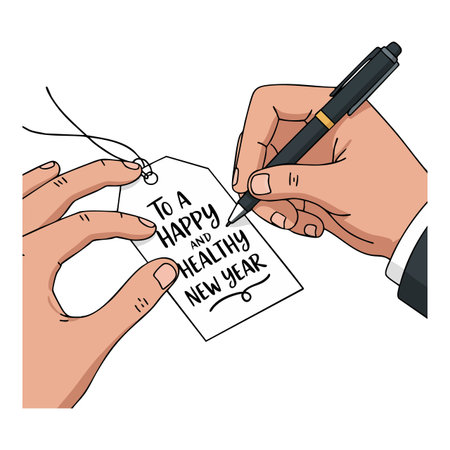 Vector illustration shows hands writing a happy healthy new year message on a tag with pen, conveying celebration and good wishes mood.のイラスト素材