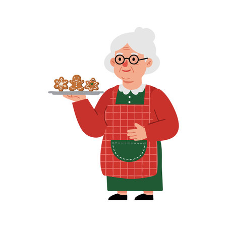 Illustration shows elderly woman with white hair wearing red apron holding a plate of gingerbread cookies, conveying warmth and homey atmosphere.のイラスト素材