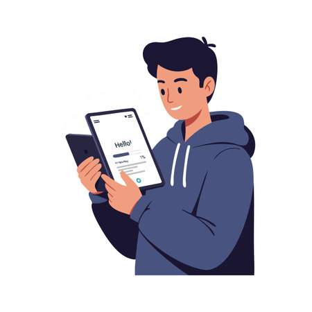 Young man wearing a blue hoodie interacts with a tablet and smartphone, demonstrating modern communication technology in a casual setting. Calm mood.のイラスト素材