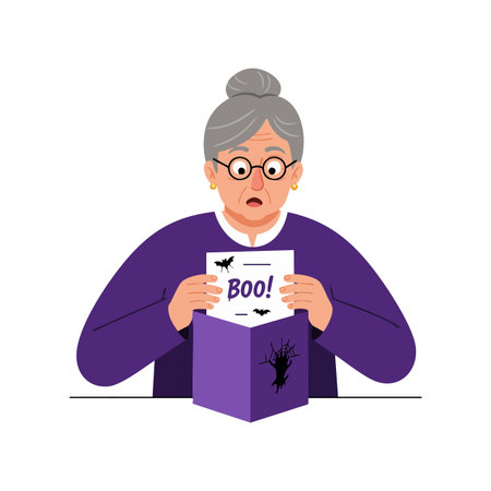 Elderly woman with glasses reads a purple Halloween card featuring bats and a haunted house, expressing surprise in a spooky mood.のイラスト素材