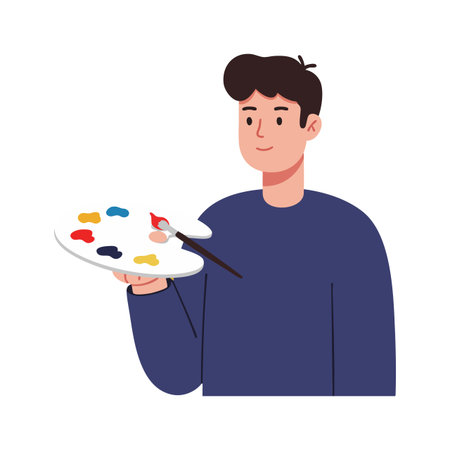 Illustration of a male artist holding a paint palette with colorful paint spots and brush, creating art in a calm mood.のイラスト素材
