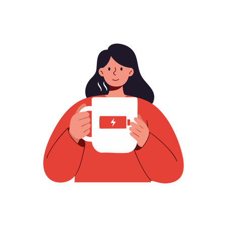 Illustration shows a woman in a red sweater holding a white cup with a low battery icon, conveying tiredness or low energy mood.のイラスト素材