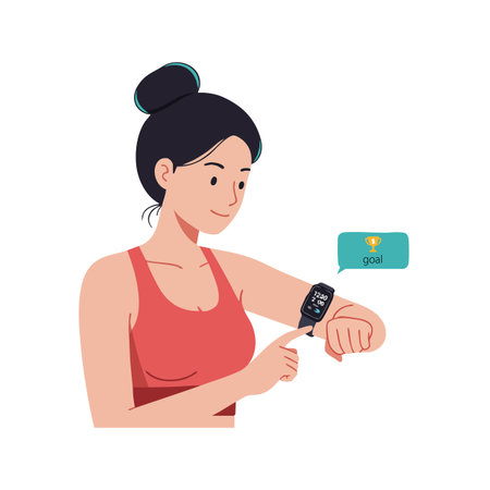 Woman in red sportswear monitors fitness tracker smartwatch displaying goal notification in a clean style, inspiring motivation and focus. Calm mood.のイラスト素材