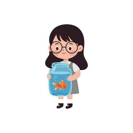 Illustration shows a girl with glasses holding a fishbowl containing a goldfish, creating a playful and charming scene. Cheerful mood.のイラスト素材