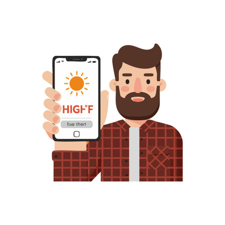 Illustration of a bearded man holding a smartphone displaying a weather app with sun and high temperature icon, conveying clear weather mood.のイラスト素材
