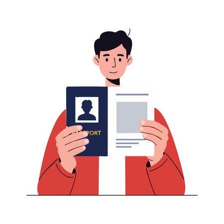 Illustration shows a young man in a red jacket holding a passport and an identification document with a neutral expression, simple style, calm mood.のイラスト素材