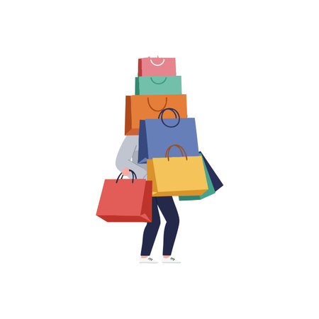 Illustration shows a person holding many shopping bags of various colors, capturing a busy shopping activity in a casual setting. Cheerful mood.のイラスト素材