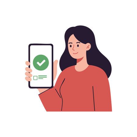 Illustration of a woman holding a smartphone displaying a green checkmark confirmation symbol in a calm and confident mood.のイラスト素材