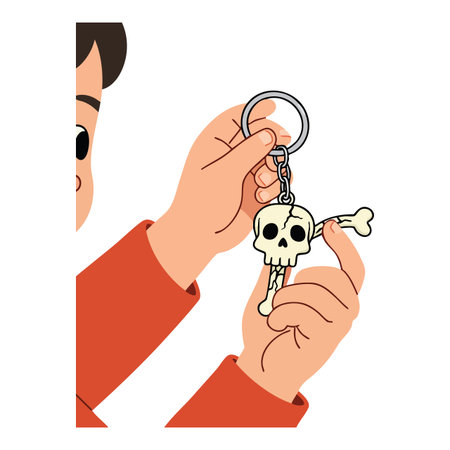 Child holds a skull and bone keychain with orange sleeves in a simple flat style, evoking a playful Halloween mood.のイラスト素材
