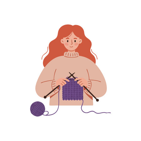 Illustration shows woman knitting a purple wool sweater using needles, wearing a beige sweater, creating a calm and focused atmosphere.のイラスト素材