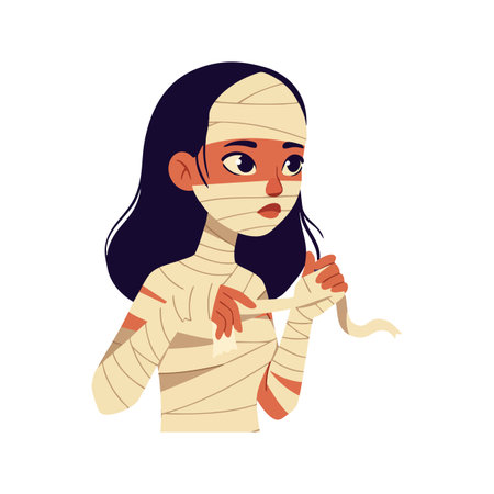 Illustration shows a young woman wrapping mummy bandages around her body for Halloween costume in a flat style, creating spooky mood.のイラスト素材