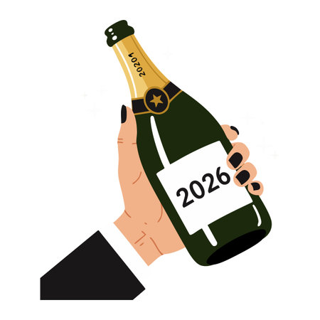 Illustration shows a hand holding a green champagne bottle labeled 2026, symbolizing celebration and future event anticipation. Cheerful mood.のイラスト素材