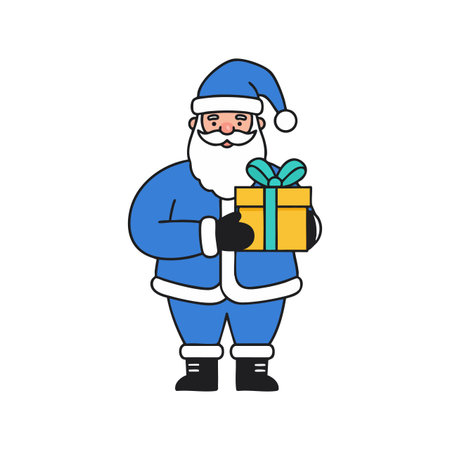 Santa Claus wears a blue suit and holds a yellow gift box with a green ribbon, representing Christmas holiday spirit. Cheerful mood.のイラスト素材