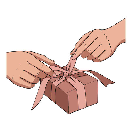 Two hands tie a pink ribbon on a small gift box, symbolizing care and celebration, set against a plain background. Cheerful mood.のイラスト素材