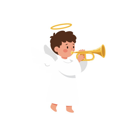 Illustration shows a child angel with a golden halo playing a trumpet, dressed in white robes, evoking peaceful, joyful mood.のイラスト素材
