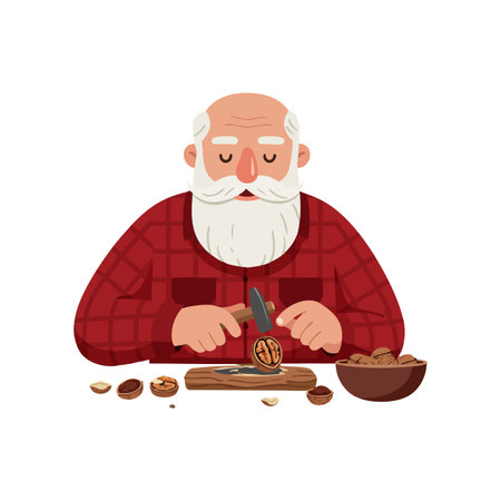 Elderly man with white beard cracks walnuts on wooden board using hammer in a calm and focused manner. Cozy and peaceful mood.のイラスト素材