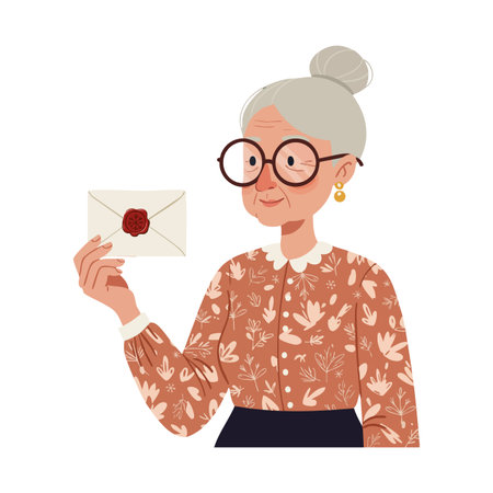 Elderly woman with glasses holds a sealed letter featuring a red wax stamp, wearing a floral blouse and gold earrings in a calm scene.のイラスト素材