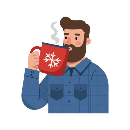 Illustration shows a bearded man in blue plaid shirt enjoying a hot drink from a red cup with white snowflake, cozy and warm mood.のイラスト素材